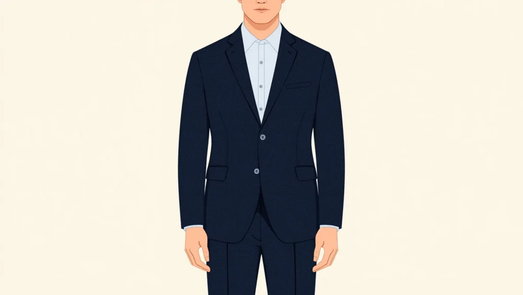 Man van formaat in een perfect zittend donkerblauw maatpak, staand op neutrale achtergrond.