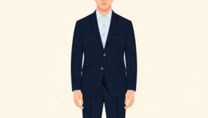 Man van formaat in een perfect zittend donkerblauw maatpak, staand op neutrale achtergrond.