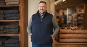 Man met grote maten fleece vest in marineblauw, buiten in herfstbos