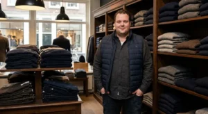 Man van formaat in driedelig pak met kostuum-gilet in herenmodezaak