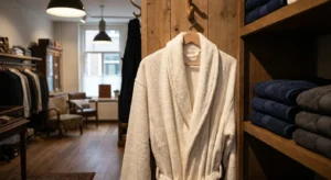 Grote badjas heren in badstof op houten stoel in badkamer