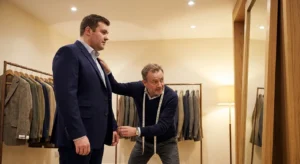 Verkoper beoordeelt de pasvorm van een donkerblauwe blazer op een klant in een grote maten kledingwinkel.