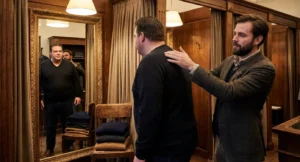 Man in zwarte V-neck trui bekijkt zichzelf in spiegel van luxe paskamer terwijl stylist het silhouet beoordeelt.