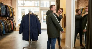 Man met breder postuur past winterjas aan terwijl winkelbediende de pasvorm meet en aanstelt in de kleedkamer.
