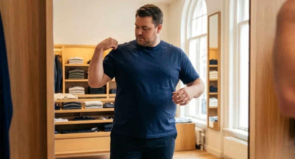 Man in donkerblauw basic shirt controleert de pasvorm in de spiegel van een kledingkast.