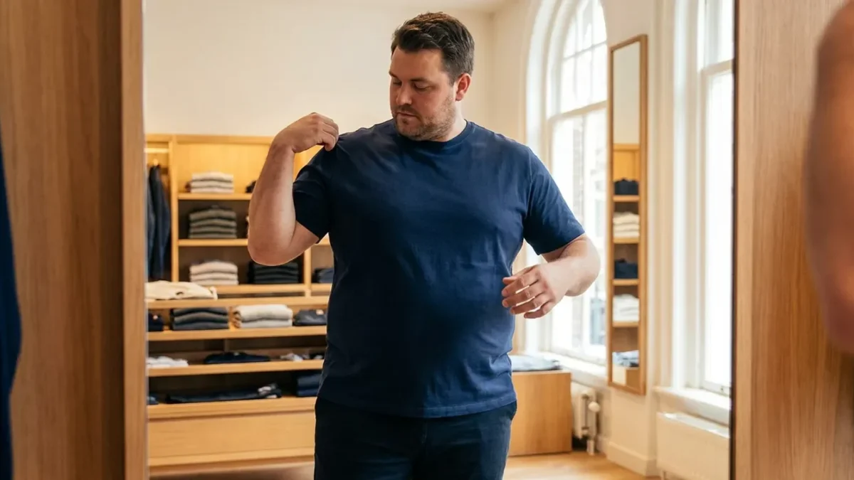 Man in donkerblauw basic shirt controleert de pasvorm in de spiegel van een kledingkast.