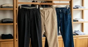 Drie verschillende broekmodellen naast elkaar: zwarte plissé, beige chino en donkerblauwe jeans met verschillende