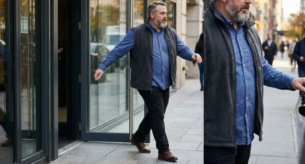 Man draagt grijze fleece vest met rits over blauw oxfordshirt in stedelijke omgeving.