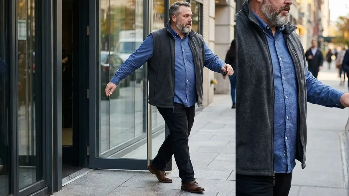 Man draagt grijze fleece vest met rits over blauw oxfordshirt in stedelijke omgeving.
