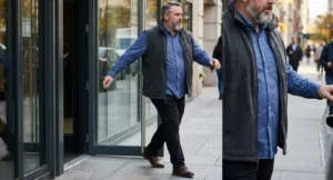 Man draagt grijze fleece vest met rits over blauw oxfordshirt in stedelijke omgeving.