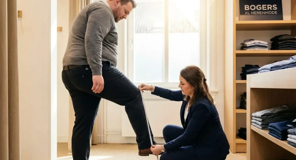 Verkoopmedewerker meet de binnenbeenlengte van een man die grote maat broek aanpast in een kledingwinkel.
