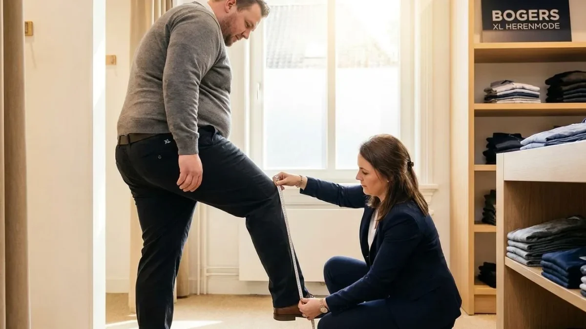 Verkoopmedewerker meet de binnenbeenlengte van een man die grote maat broek aanpast in een kledingwinkel.