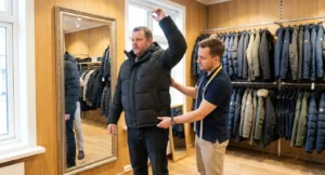 Man past zwarte winterjas in paskamer terwijl verkoper de pasvorm controleert bij grote jas collectie.