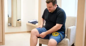 Man zit op bank en past blauwe korte broek, met meetlint in hand voor juiste pasvorm en maat.