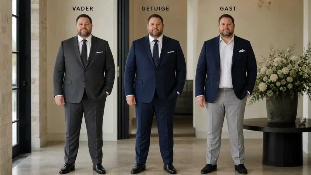 Drie mannen in verschillende bruiloftsoutfits: vader in grijs pak, getuige in donkerblauw pak, gast in blazer met grijze