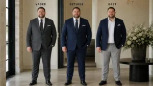 Drie mannen in verschillende bruiloftsoutfits: vader in grijs pak, getuige in donkerblauw pak, gast in blazer met grijze