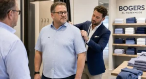 Verkoper beoordeelt de pasvorm van een lichtblauw korte-mouwoverhemd op een man in een kledingwinkel.