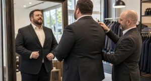Kleermaker past colbert aan op klant in winkel terwijl andere man toekijkt