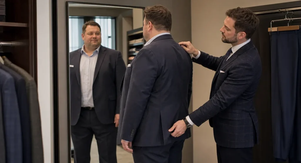 Man past donkerblauwe blazer aan in paskamer met hulp van verkoper, spiegelreflectie zichtbaar