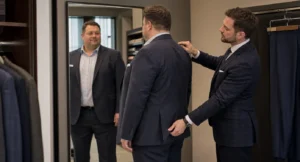 Man past donkerblauwe blazer aan in paskamer met hulp van verkoper, spiegelreflectie zichtbaar