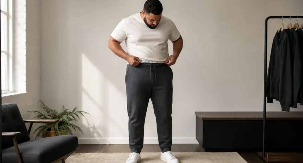 Man meet zijn joggingbroek met een meetlint rond de taille in een moderne kamer.