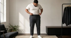 Man meet zijn joggingbroek met een meetlint rond de taille in een moderne kamer.