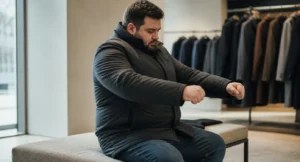 Man zit op een bank en past een zwarte gewatteerde winterjas met opstaande kraag in een kledingwinkel.