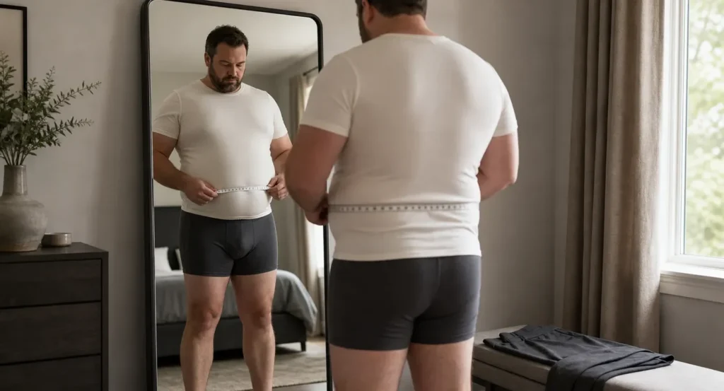 Man meet zijn taille met een meetlint terwijl hij in de spiegel kijkt, gekleed in ondergoed en wit shirt.