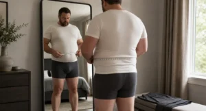 Man meet zijn taille met een meetlint terwijl hij in de spiegel kijkt, gekleed in ondergoed en wit shirt.